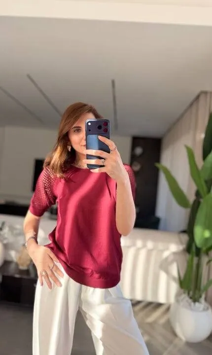 Bordo Kolları Ajurlu Merserize triko bluz