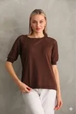Koyu Kahverengi Kolları Ajurlu Merserize triko bluz