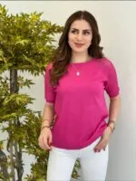 Fuşya Kolları Ajurlu Merserize triko bluz