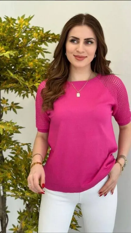 Fuşya Kolları Ajurlu Merserize triko bluz