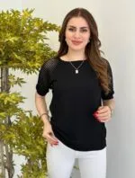 Siyah Kolları Ajurlu Merserize triko bluz