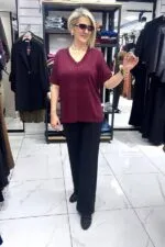 Bordo V yaka simli Merserize triko bluz