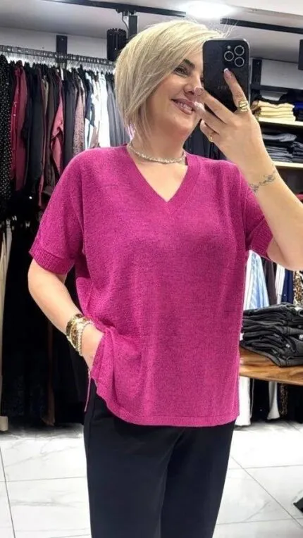 Fuşya V yaka simli Merserize triko bluz