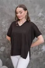 Koyu Kahverengi V yaka simli Merserize triko bluz