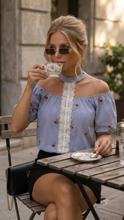 Mavi Açık Omuz Dantel Detay Boho Bluz