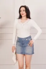 Dantel Detaylı Uzun Kollu Krem Toptan Body Bluz
