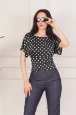 Puantiye Desenli Kısa Kollu Siyah Bluz