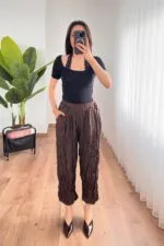 Kırışık Kumaş Toptan Kahve Şalvar Pantolon