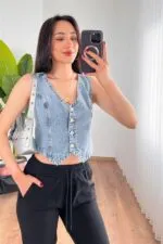 V Yaka Kot Mavii Denim Toptan Yelek