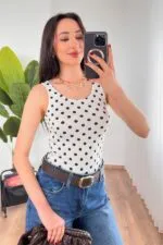 Puantiyeli Bisiklet Yaka Toptan Beyaz Atlet Bluz