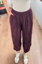 Kırışık Kumaş Toptan Mürdüm Şalvar Pantolon