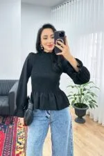 Komple Gipeli Dik Yaka Siyah Toptan Bluz