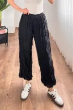 Kırışık Kumaş Toptan Siyah Şalvar Pantolon
