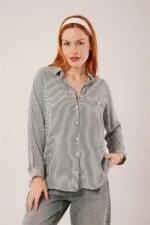 Cep Detay Gri Oversize Çizgili Toptan Gömlek