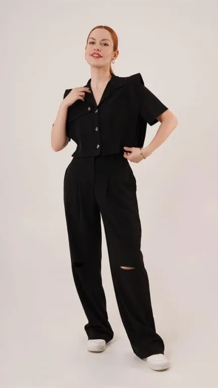 Cepli Düğmeli Bluz Ve Diz Detaylı Pantolon Siyah Toptan İkili Takım