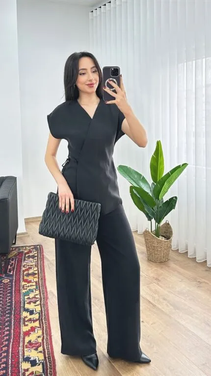 Modal Tek Düğme Kapamalı Oversize Siyah Toptan Takım