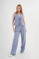Ön Bağlama Detaylı Yelek Ve Pantolon İndigo Toptan İkili Takım