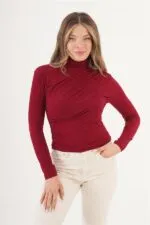 Omuz Ve Bel Büzgülü Dik Yaka Toptan Bordo Bluz