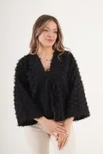 Full Saçaklı İp Bağlamalı Toptan Siyah Kimono