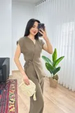 Modal Tek Düğme Kapamalı Oversize Haki Toptan Takım