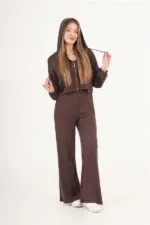 Modal Hırka Pantolon Crop Kahve Toptan Üçlü Takım