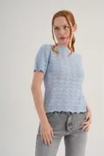 Örgü Model Kısa Kol Toptan Bebe Mavisi Triko Bluz