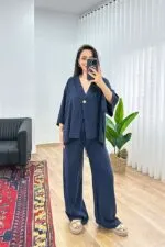 Modal Beli İp Bağlamalı Kruvaz Lacivert Toptan Bluz Pantolon Takım