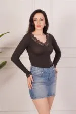 Dantel Detaylı Uzun Kollu Kahve Toptan Body Bluz