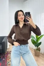 Eteği Gipeli Düğmeli Kahve Toptan Gömlek