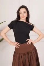 Omuz Toka Detaylı Siyah Toptan Bluz