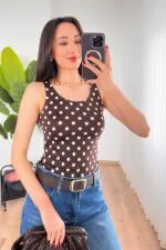 Puantiyeli Bisiklet Yaka Toptan Kahve Atlet Bluz