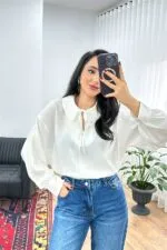 Yaka Bağlamalı Dökümlü Beyaz Toptan Bluz