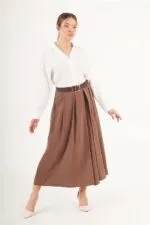 Kemerli Pilili Camel Midi Toptan Etek
