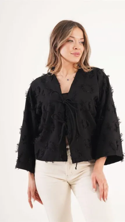 Saçaklı İp Bağlamalı Toptan Siyah Kimono