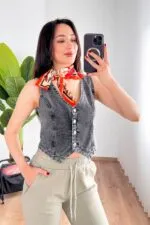 V Yaka Antrasit Denim Toptan Yelek