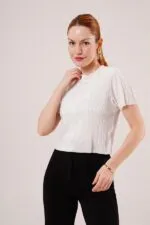 Fitilli Kısa Kollu Parlak Toptan Beyaz Bluz