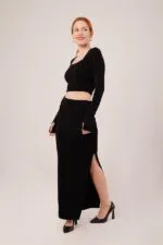 Kare Yaka Bluz Ve Yırtmaç Detaylı Etek Toptan İkili Siyah Takım