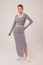 Kare Yaka Bluz Ve Yırtmaç Detaylı Etek Toptan İkili Gri Takım
