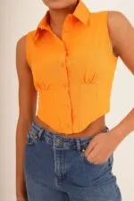 Korse Detay Kısa Kollu Toptan Oranj Gömlek