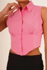 Korse Detay Kısa Kollu Toptan Pembe Gömlek