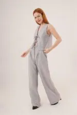 Ön Bağlama Detaylı Yelek Ve Pantolon Gri Toptan İkili Takım