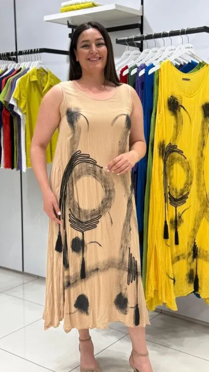 Bej Kolsuz Baskılı Elbise