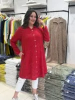 Kırmızı Çiçek Desenli 100% Pamuk Tunik Gömlek