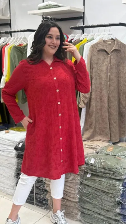 Kırmızı Çiçek Desenli 100% Pamuk Tunik Gömlek