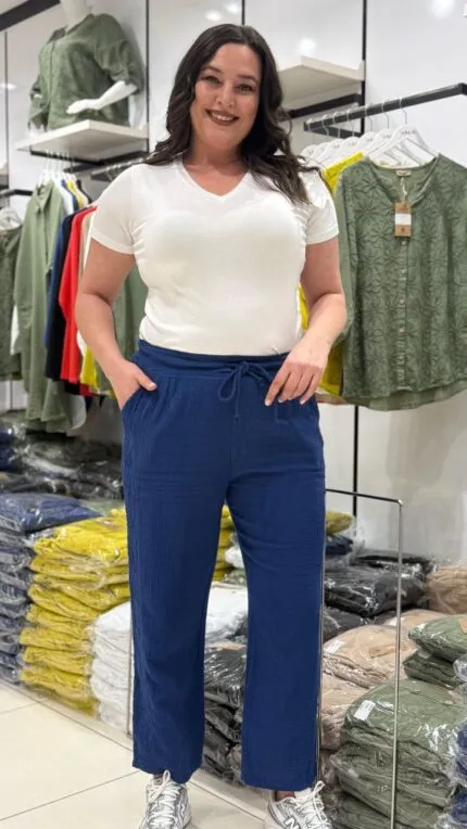 Lacivert Yan Şeritli 100% Pamuk Pantolon