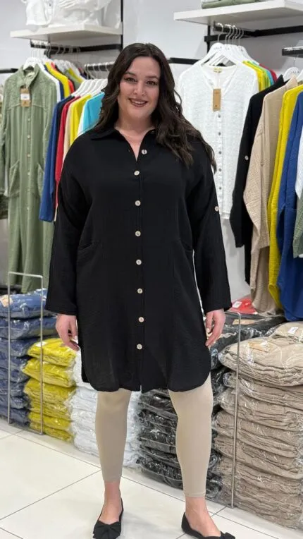 Siyah Sırt Detaylı 100% Pamuk Tunik Gömlek
