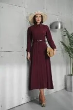 Bordo Deri Kemerli Modal Elbise