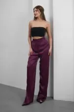 Mürdüm Floş Saten Pantolon