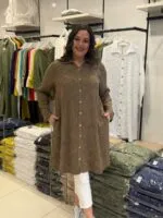 Kahverengi Çiçek Desenli 100% Pamuk Tunik Gömlek