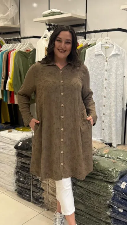 Kahverengi Çiçek Desenli 100% Pamuk Tunik Gömlek